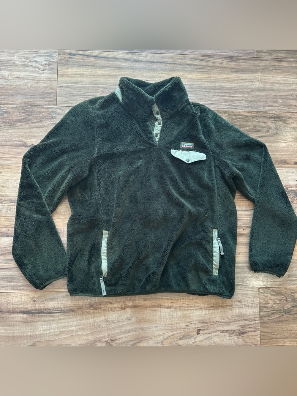 LL Bean Pullover Women’s Large SOFT Hi-Pile Fleece dark Forest Green Plush Snap